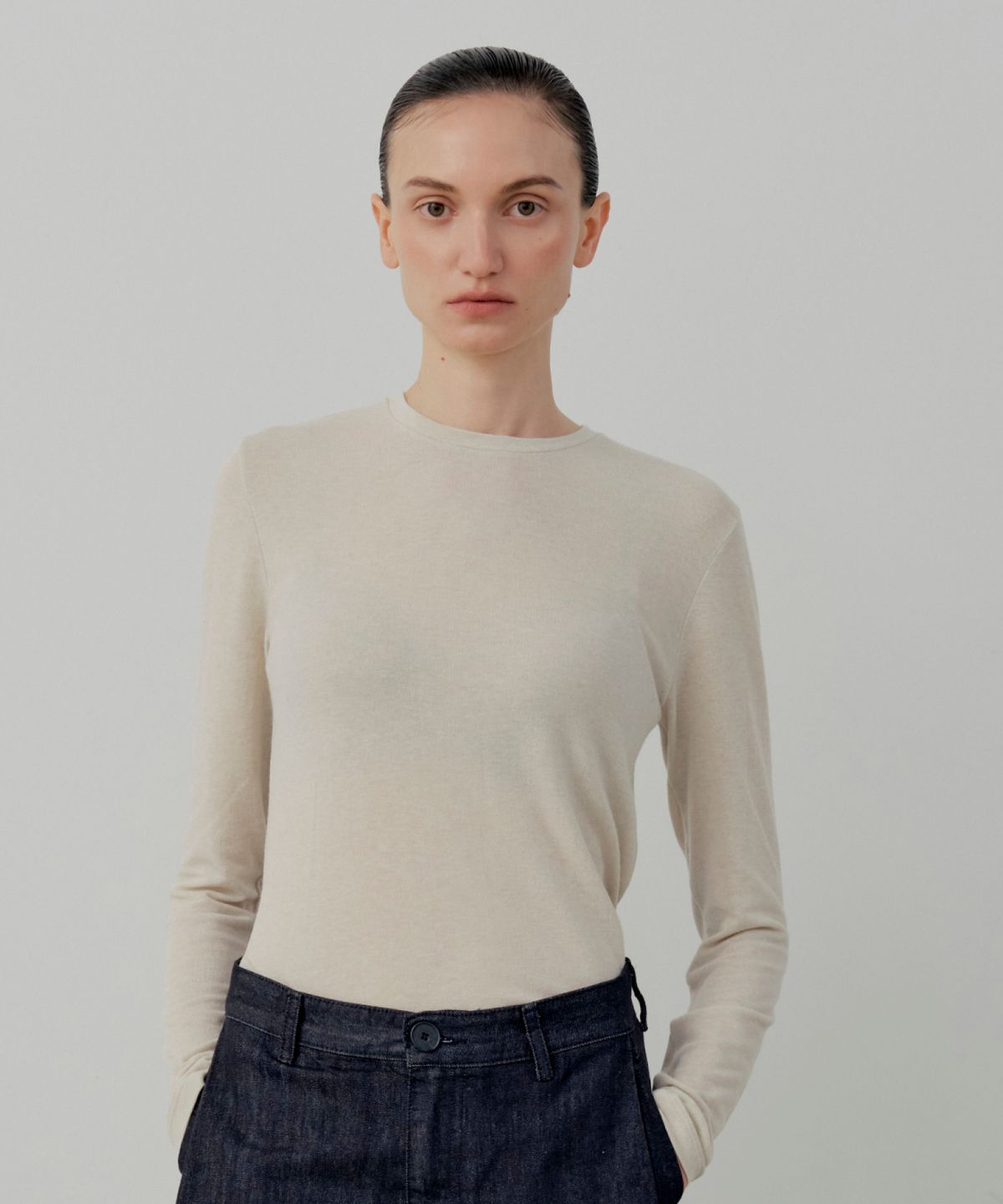 르세지엠(LESEIZEME) Basic Wool Tencel Long T-Shirt - Beige