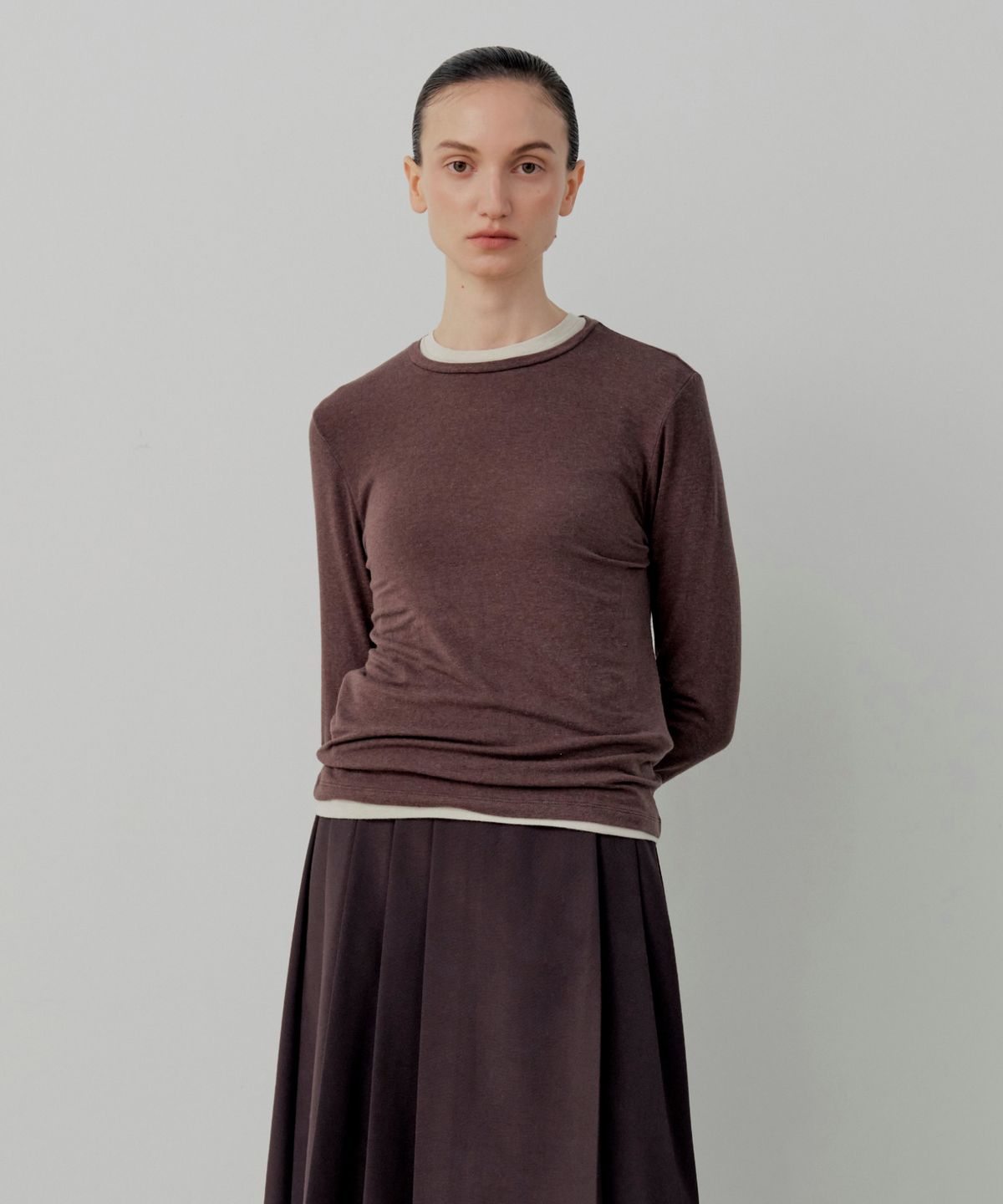 르세지엠(LESEIZEME) Basic Wool Tencel Long T-Shirt - Brown