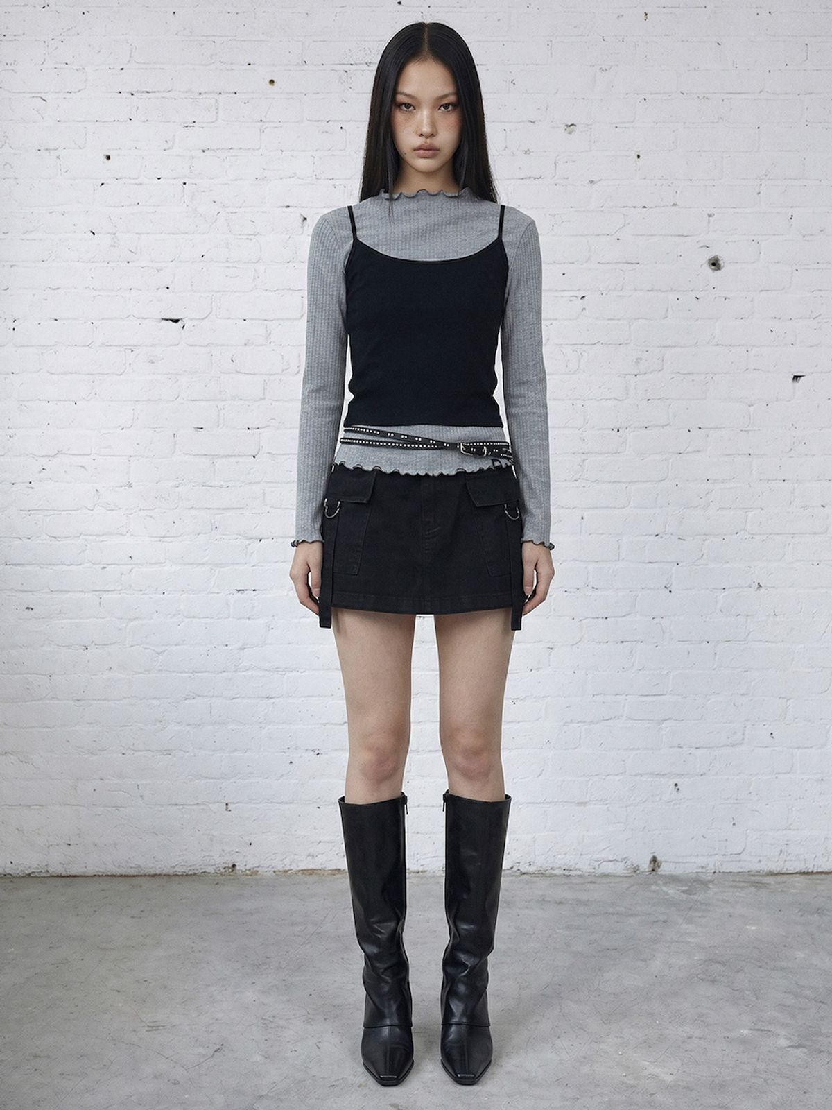 바운더리(BOUNDARY) GLAM CONTRAST TOP LAYERED HALF NECK LONG SLEEVE TOP MELANGE GRAY