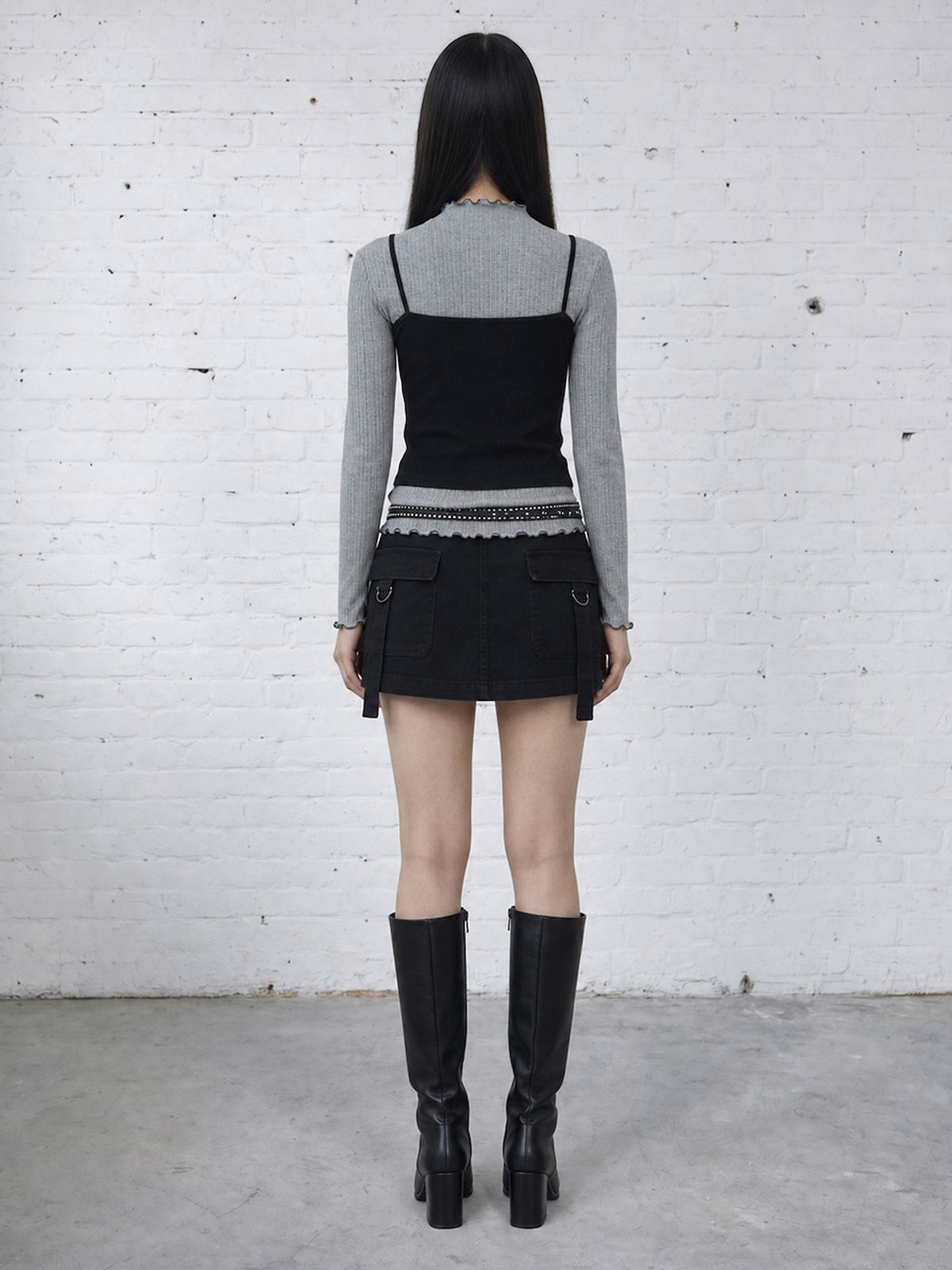 바운더리(BOUNDARY) GLAM CONTRAST TOP LAYERED HALF NECK LONG SLEEVE TOP MELANGE GRAY