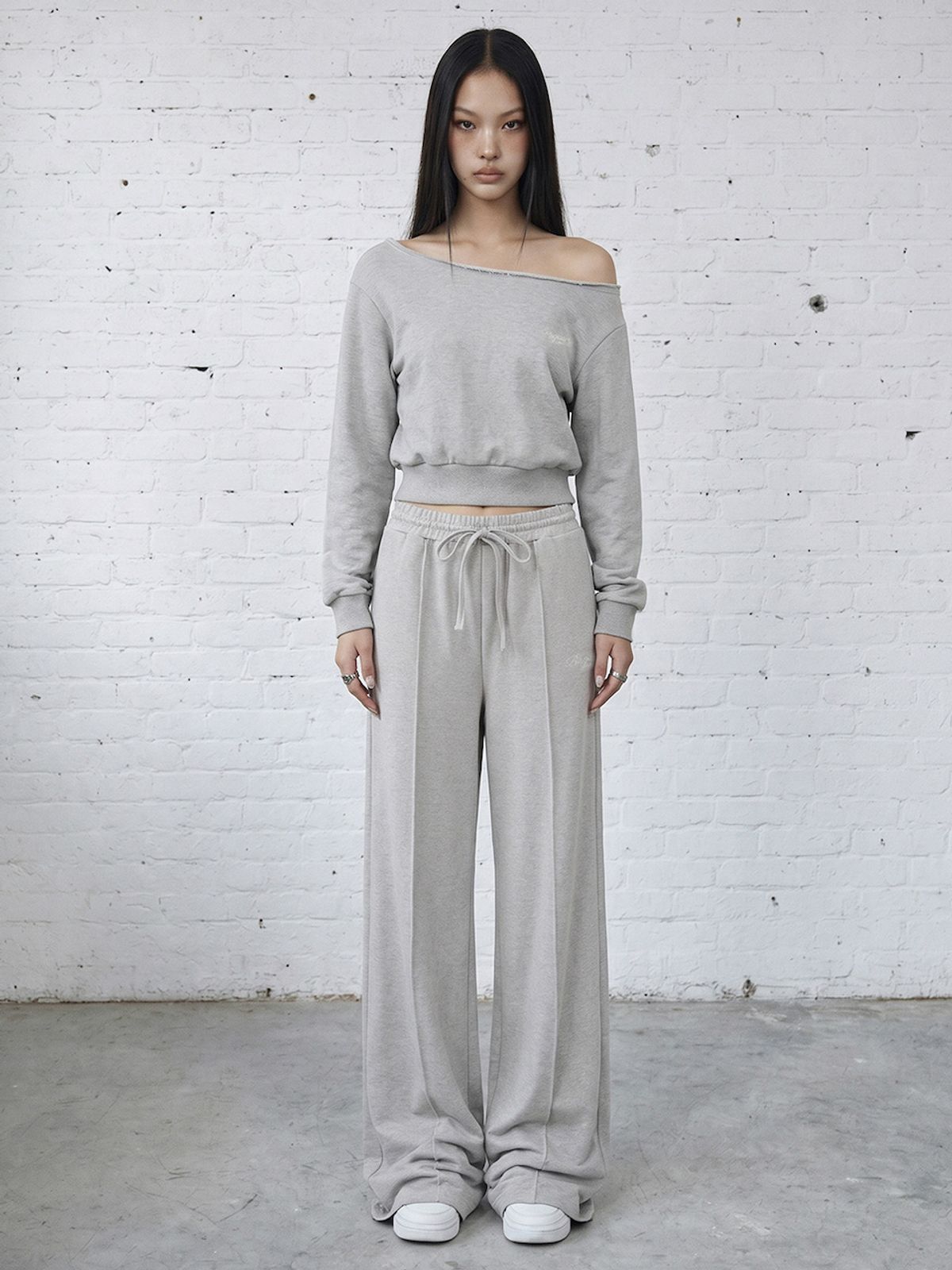 바운더리(BOUNDARY) GLAM CUT OFF ONE SHOULDER SWEATSHIRT MELANGE GRAY