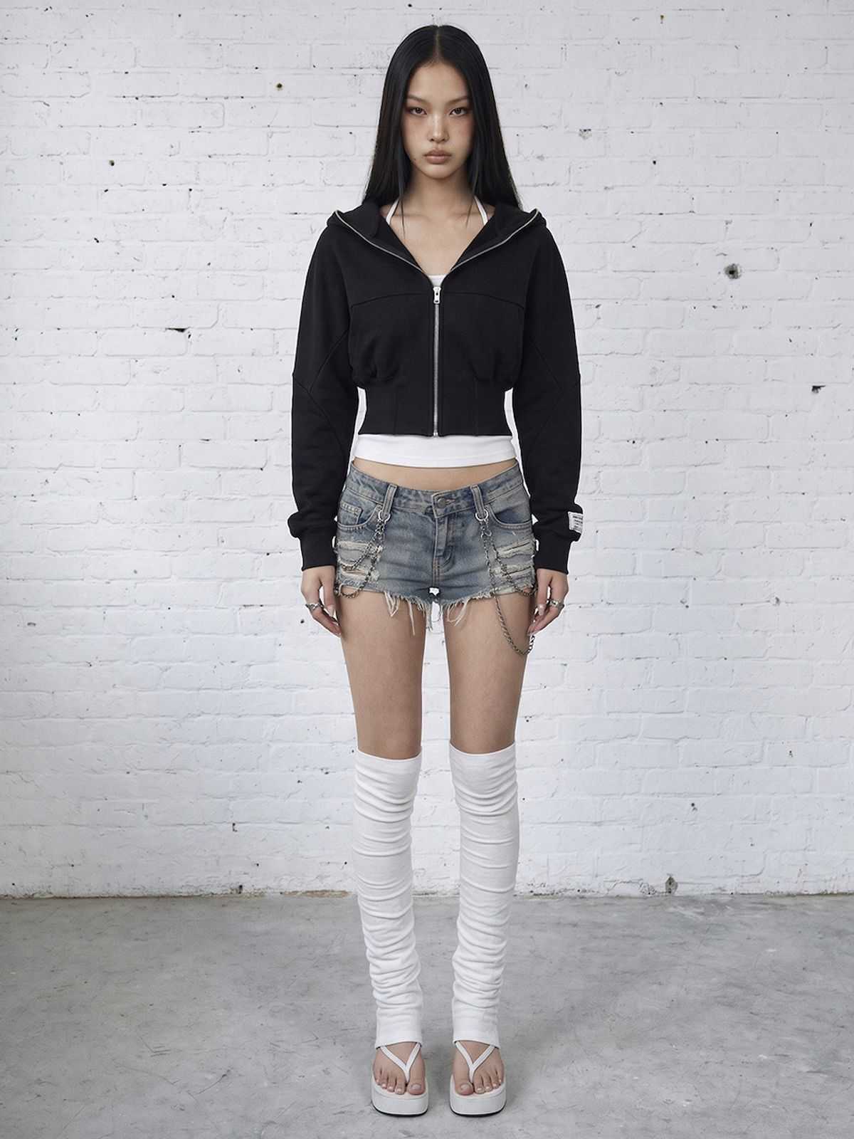 바운더리(BOUNDARY) GLAM CROPPED SWEAT ZIP-UP HOODIE BLACK