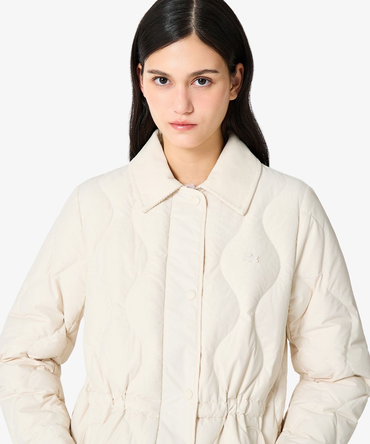 라코스테(LACOSTE) 여성 물결 퀼팅 코듀로이 카라 중힙 다운 BF536E-56N 70V