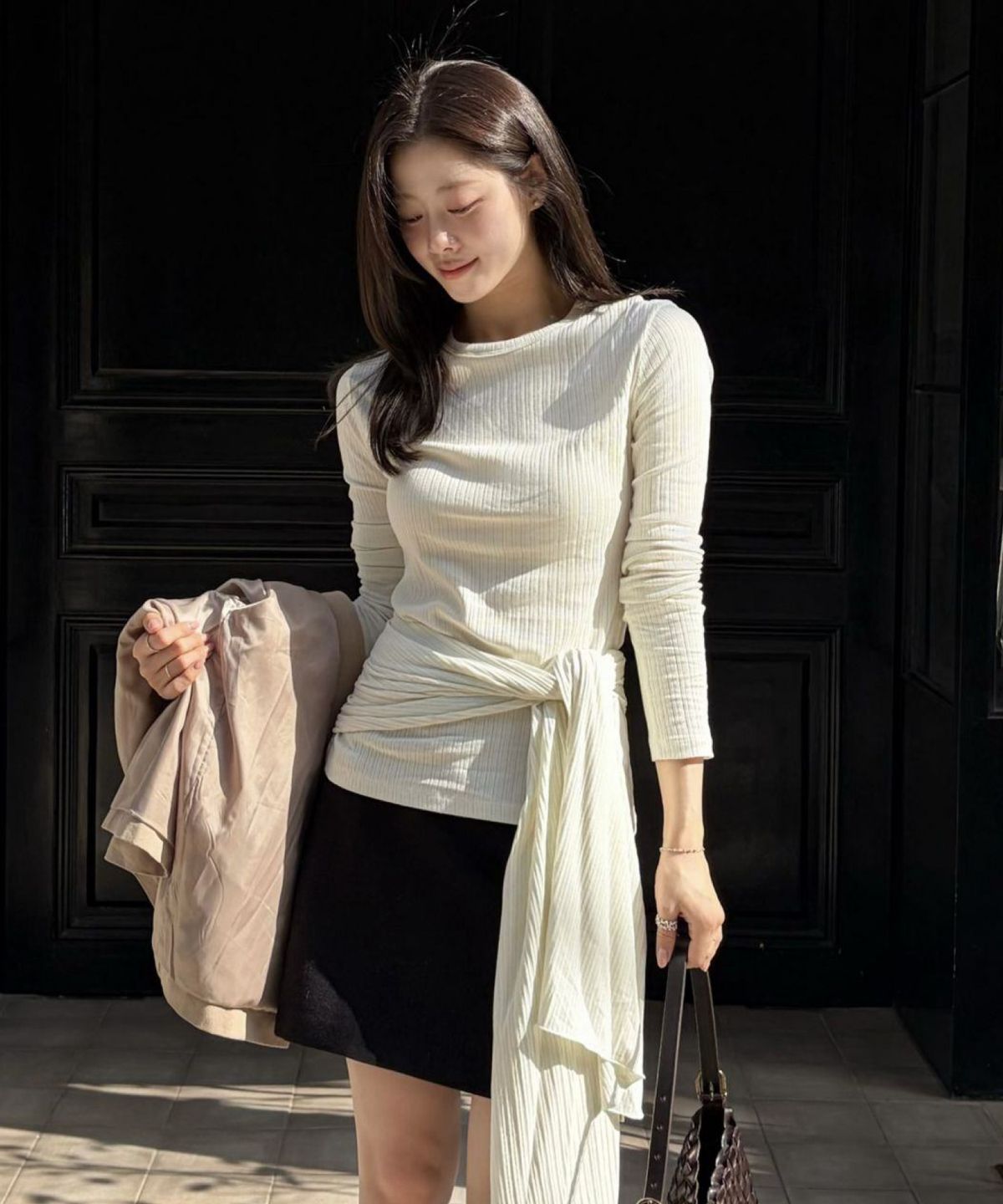 르세지엠(LESEIZEME) Soft Modal Scarf Rib T-Shirt - Ivory
