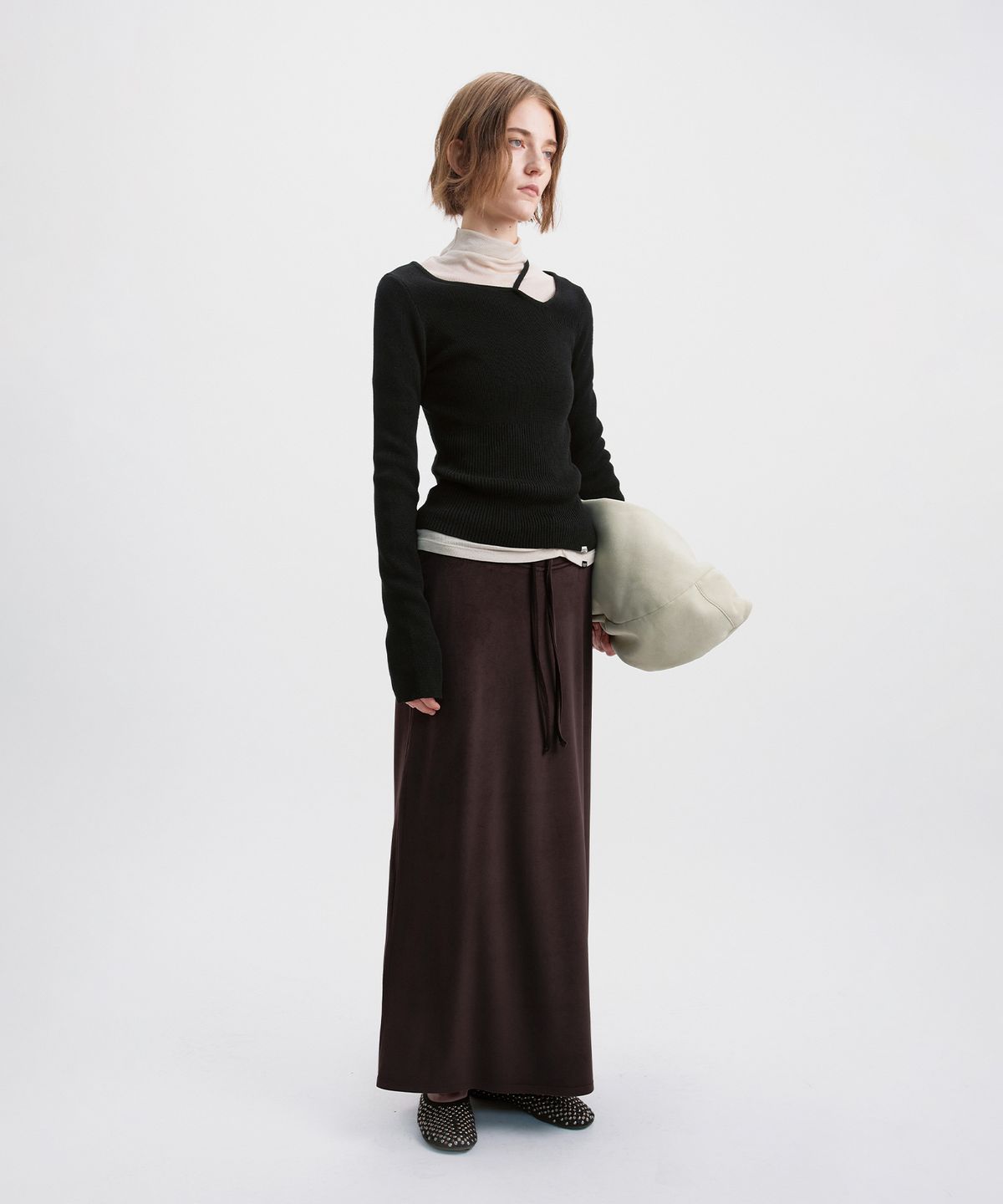 시메트릭 퍼센트(SYMMETRICPERCENT) Velour Maxi Skirt / Brown
