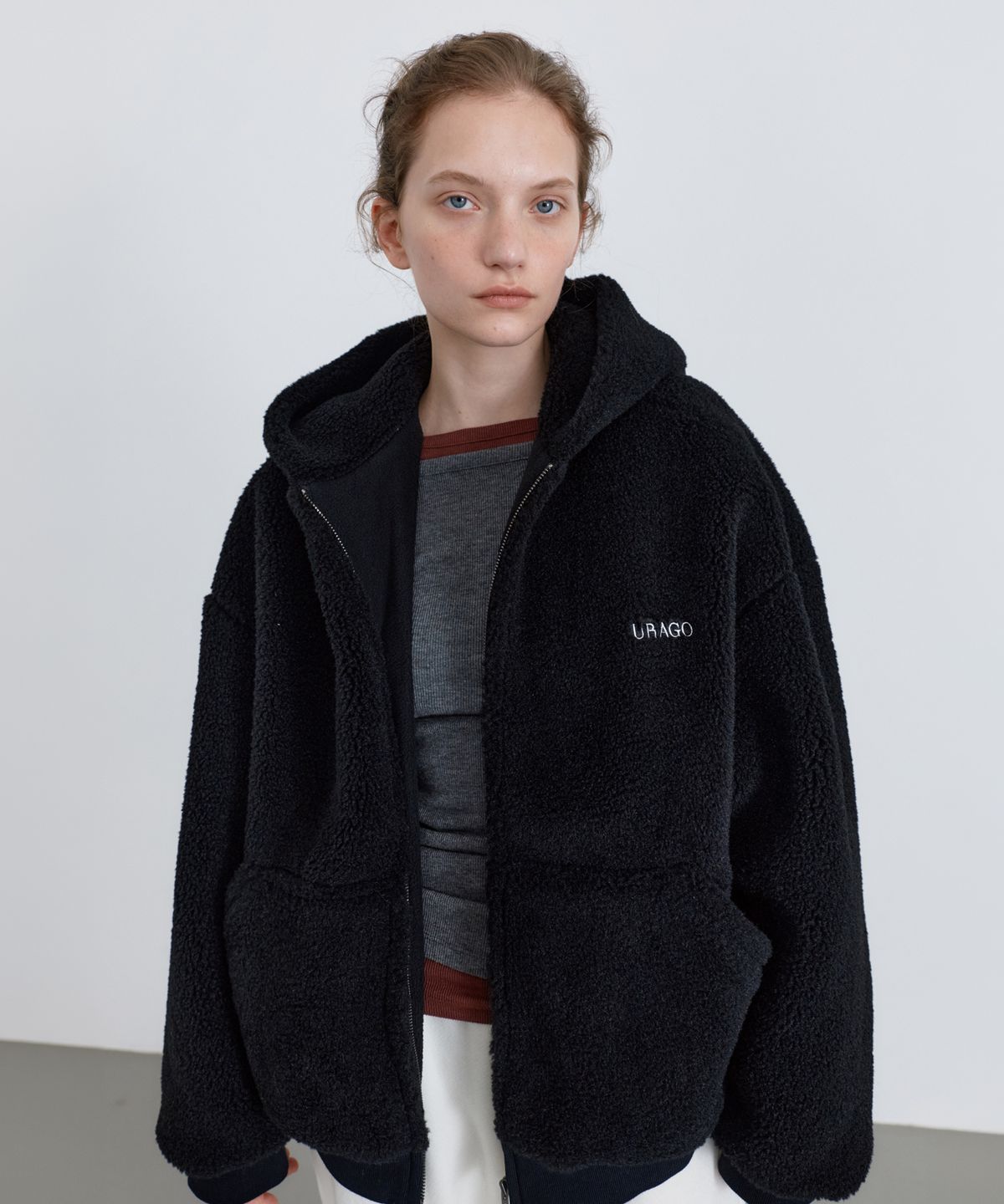 유라고(URAGO) Fleece two way hood zip-up_Black