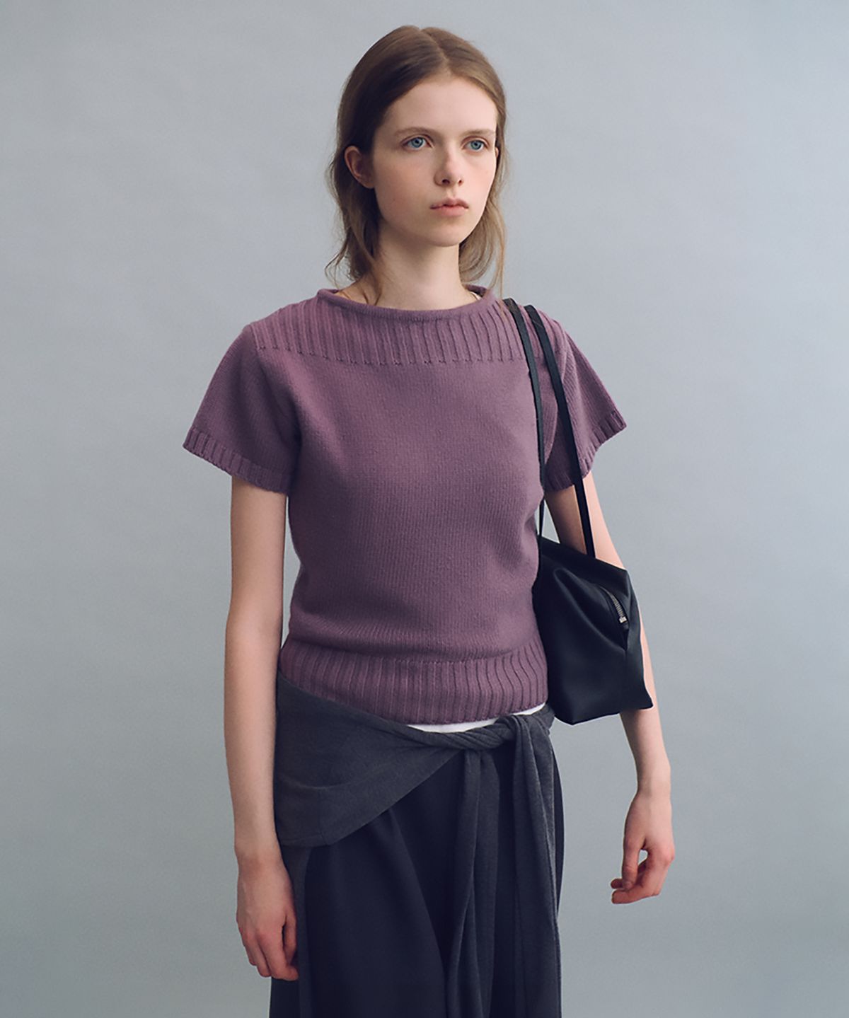 아우브아워(AUBOUR) boat-neck half knit (mauve)