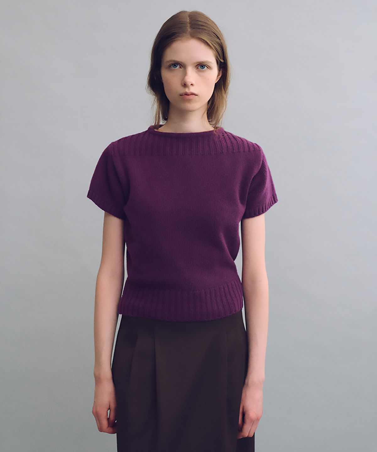 아우브아워(AUBOUR) boat-neck half knit (purple)