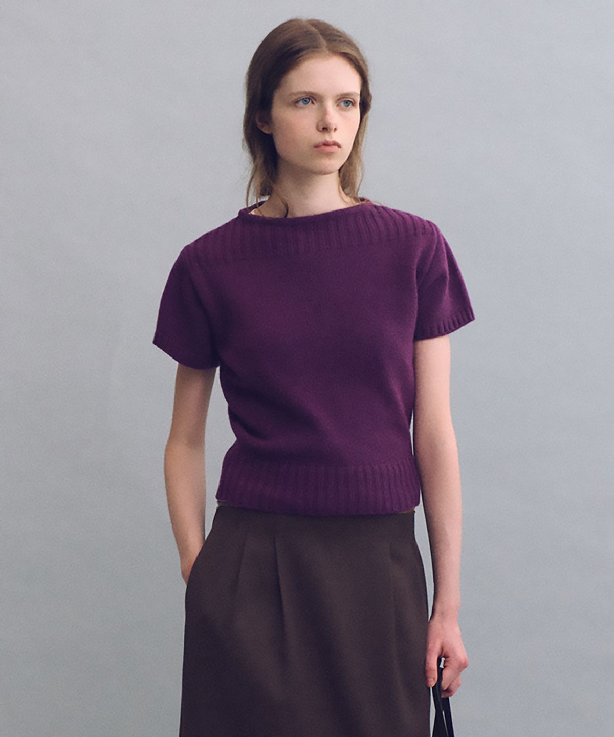 아우브아워(AUBOUR) boat-neck half knit (purple)