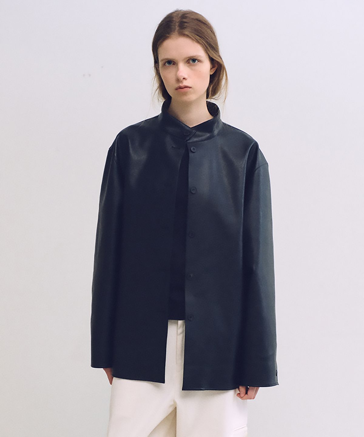 아우브아워(AUBOUR) linear high neck jacket (leather black)