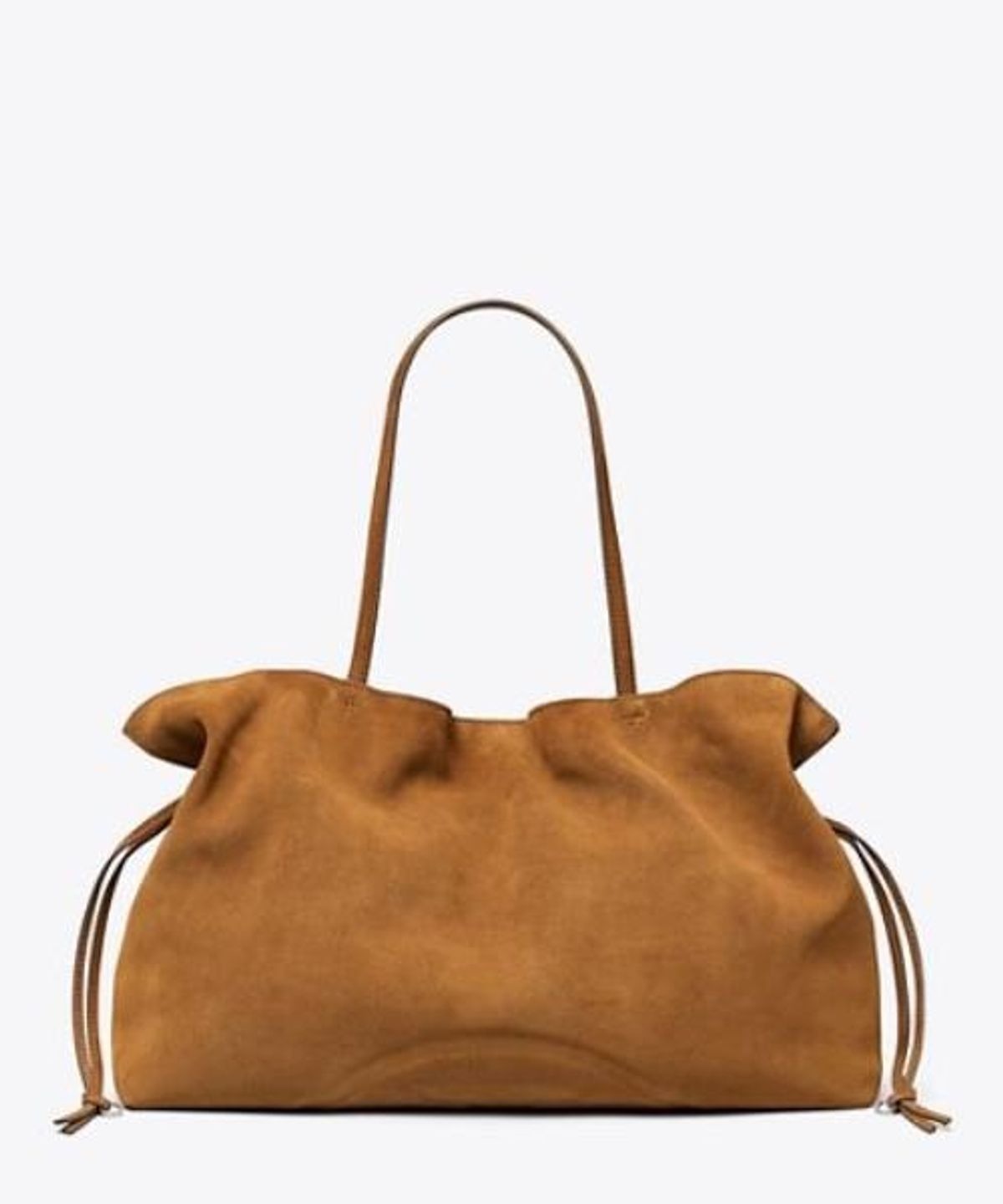 토리버치(TORYBURCH) 엘라 스웨이드 드로스트링 토트 - 카라멜