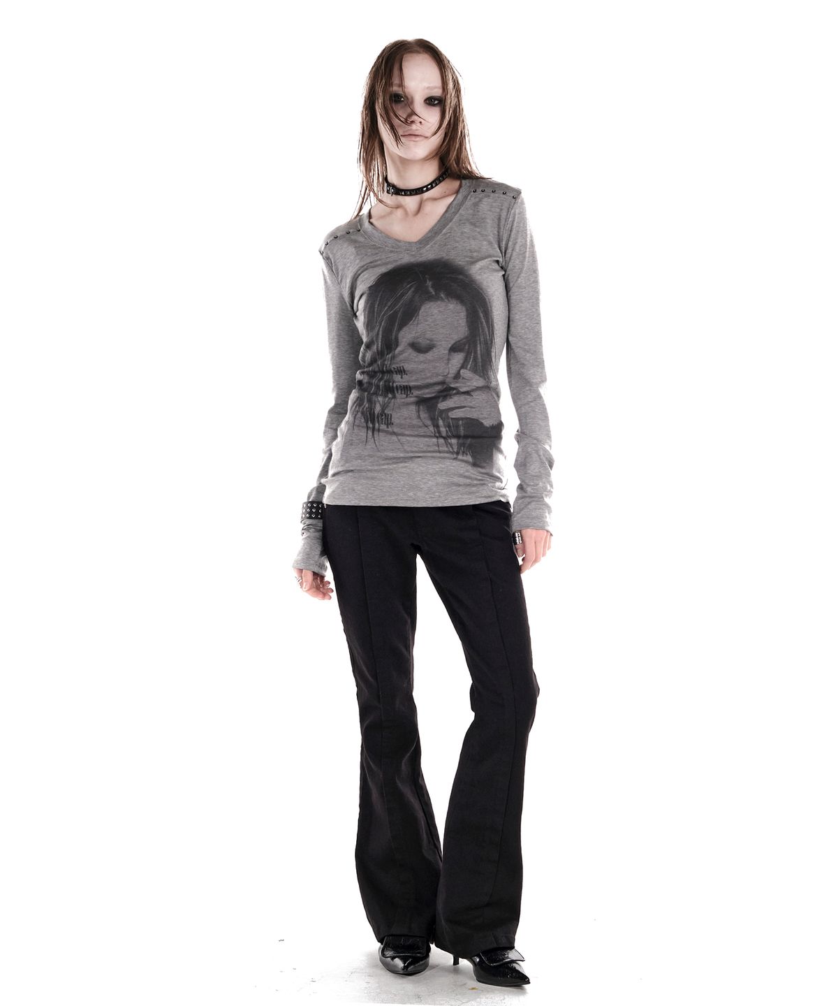 이양(EYANG) NO CAP V-NECK LONGSLEEVE TOP MELANGE GREY