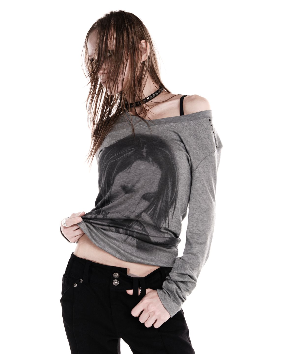 이양(EYANG) NO CAP V-NECK LONGSLEEVE TOP MELANGE GREY