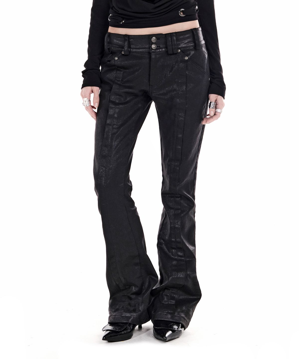 이양(EYANG) VAMP SLIM BOOTCUT DENIM PANTS GLITTER BLACK