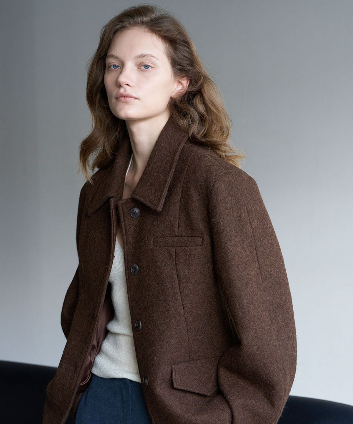 린테(LYNTE) Line Wool Half Coat (Espresso Brown)
