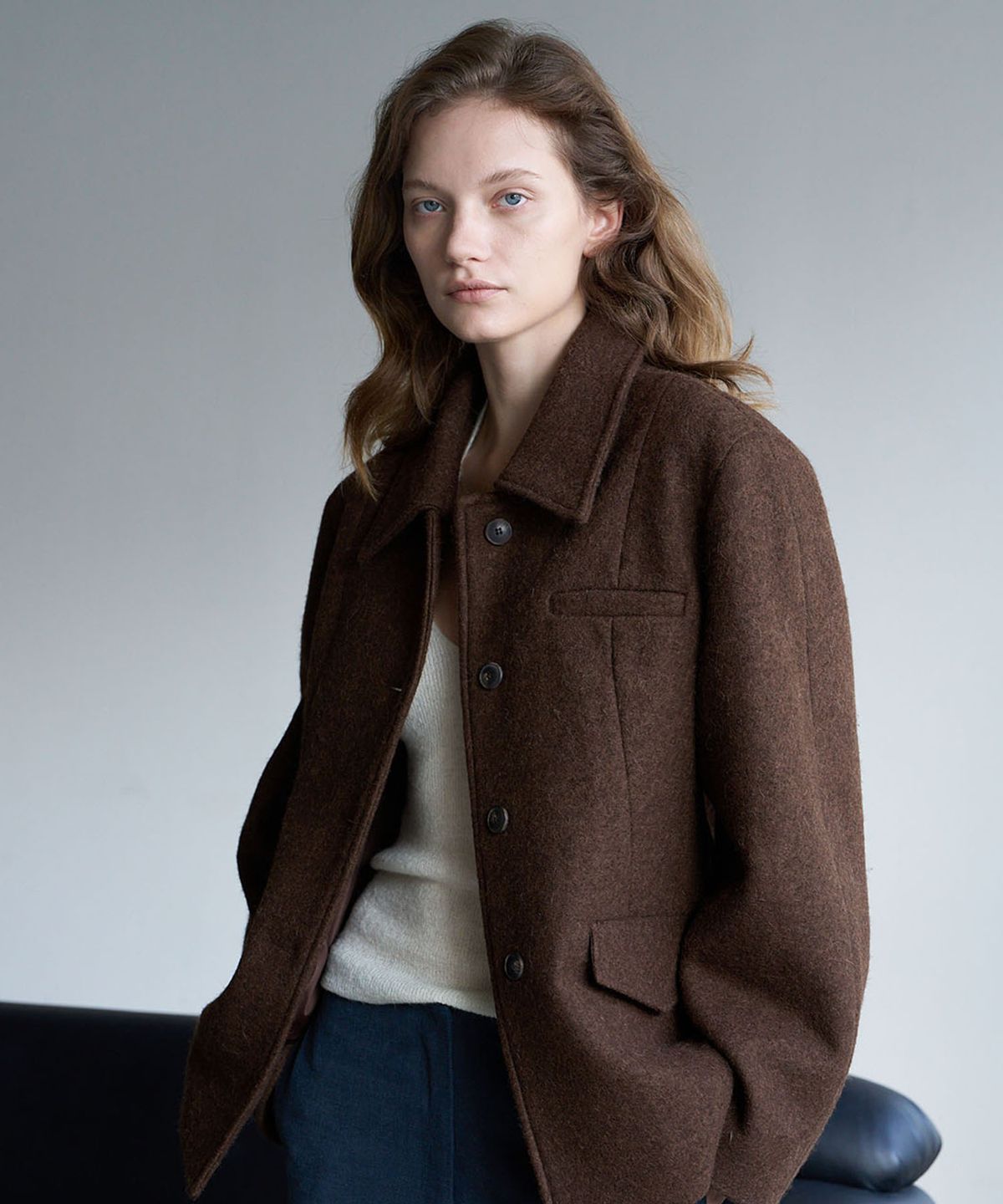 린테(LYNTE) Line Wool Half Coat (Espresso Brown)