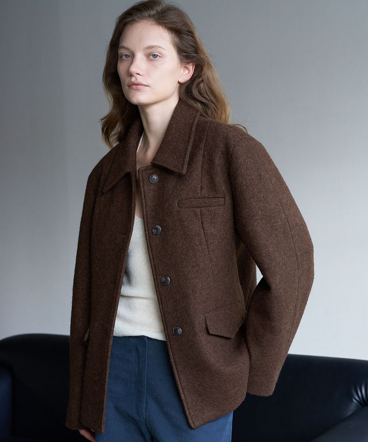 린테(LYNTE) Line Wool Half Coat (Espresso Brown)