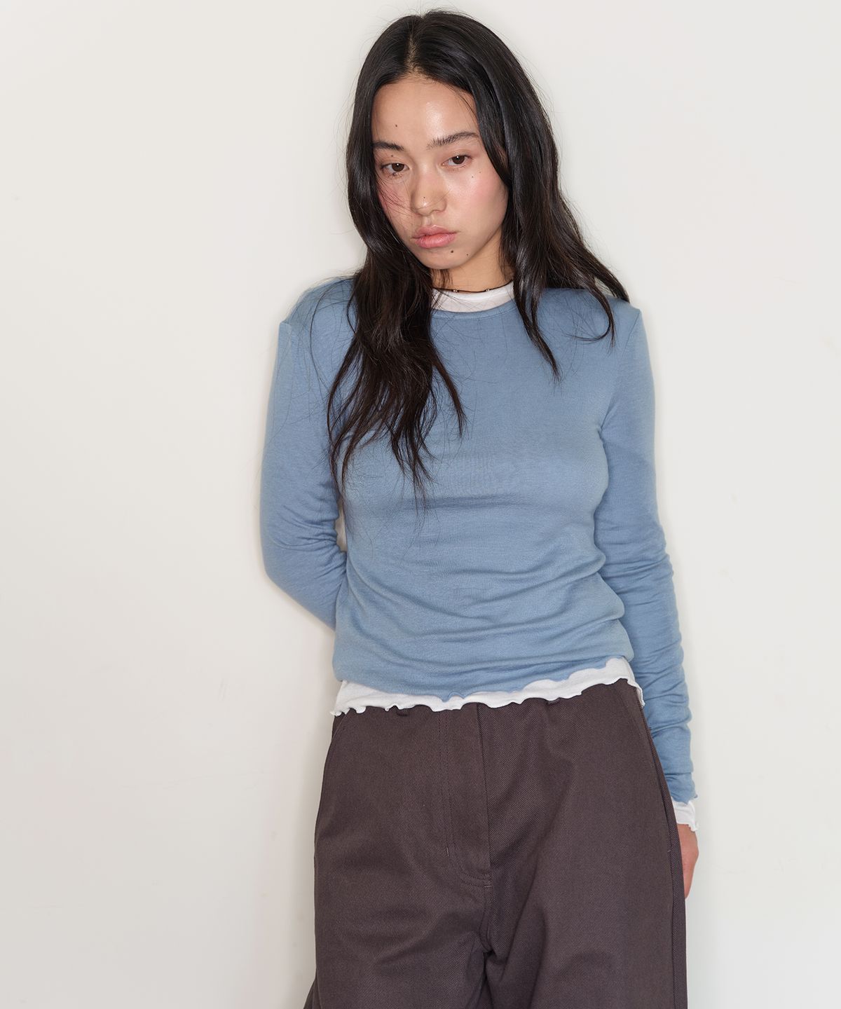 홈바디띵즈(HOMEBODY THINGS) Tencel Wool Lettuce Long Sleeve Tee (DUSTY BLUE)