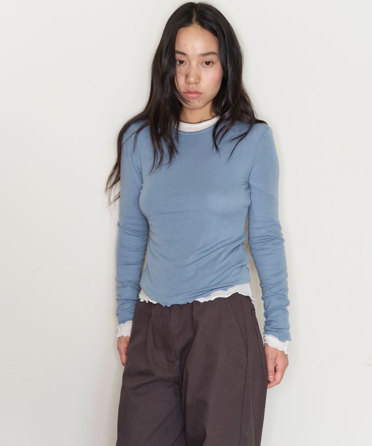 홈바디띵즈(HOMEBODY THINGS) Tencel Wool Lettuce Long Sleeve Tee (DUSTY BLUE)