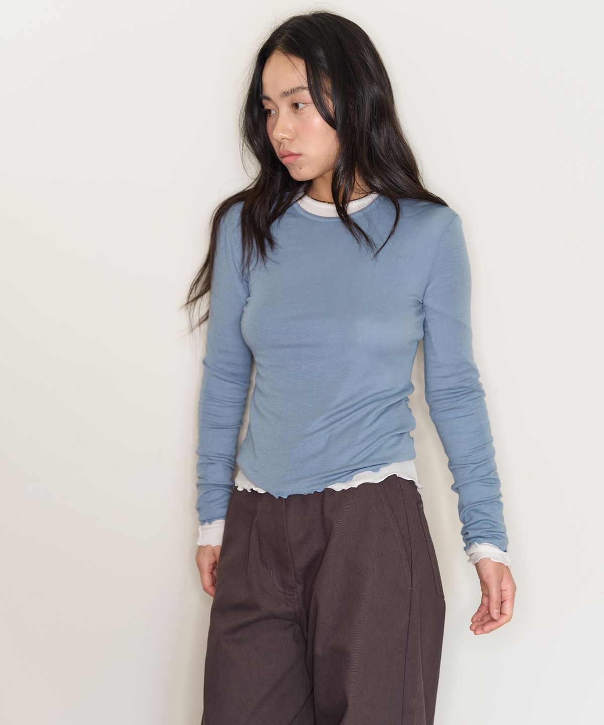홈바디띵즈(HOMEBODY THINGS) Tencel Wool Lettuce Long Sleeve Tee (DUSTY BLUE)