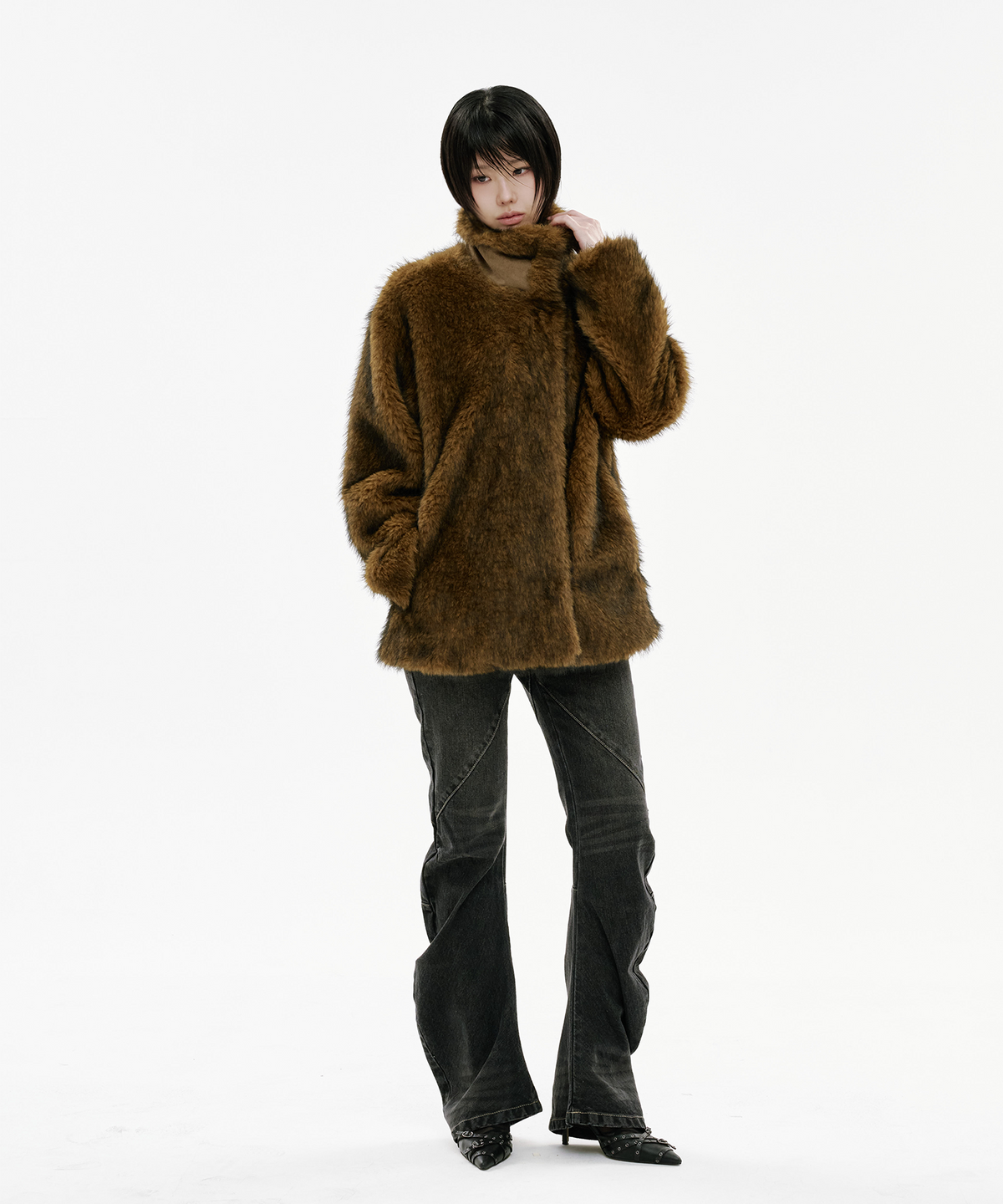 사일프레이(41PRAY) Suede Patch Fur Jacket / Brown