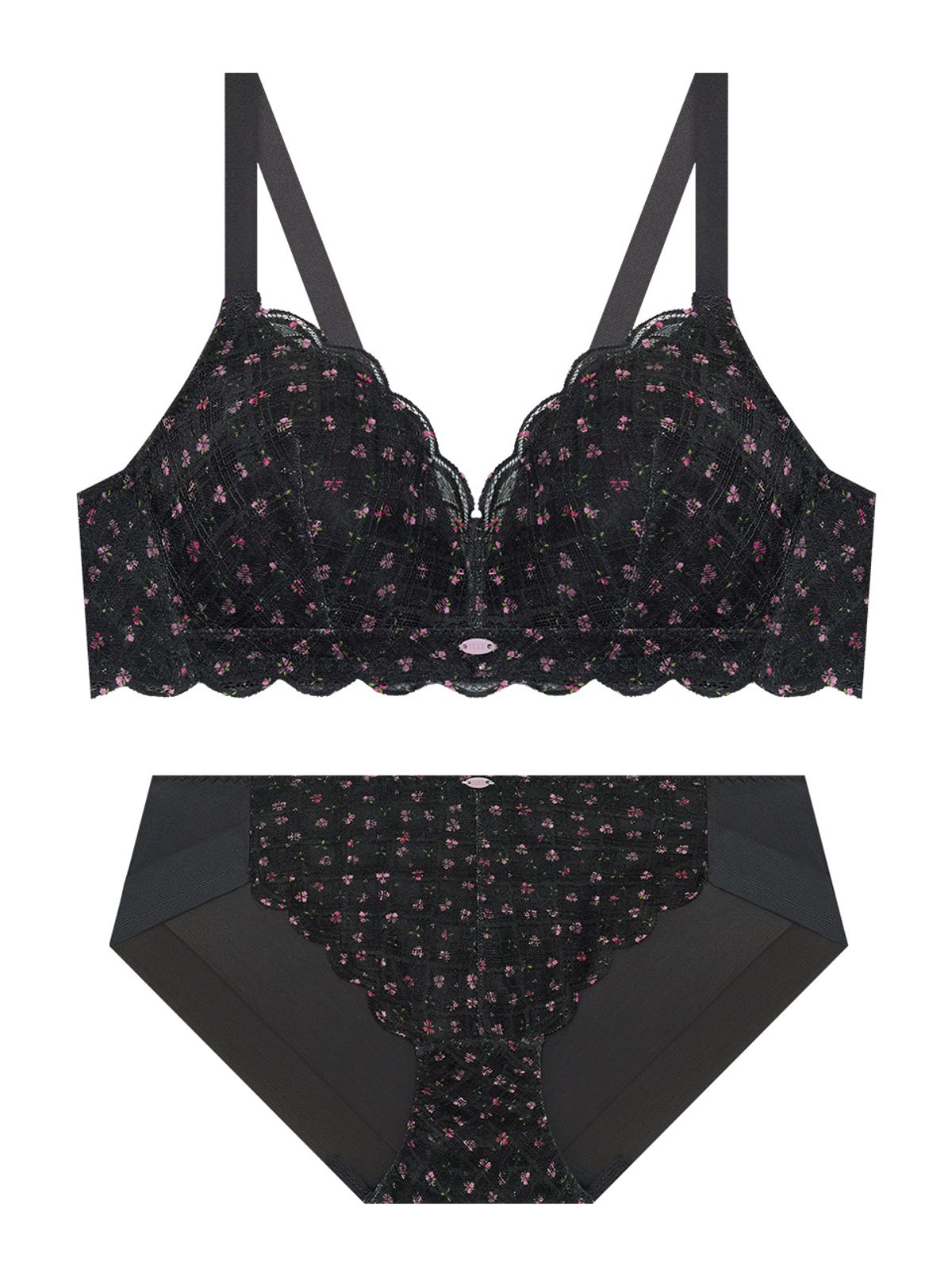 엘르이너웨어(ELLE INNERWEAR) 플로럴 레이스 노와이어 브라 팬티 세트