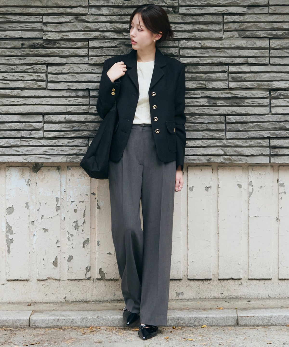 드로우핏 우먼(DRAWFIT WOMEN) [드로우핏우먼 X 주미니] 울 코튼 원턱 벨티드 슬랙스 [BLACK]