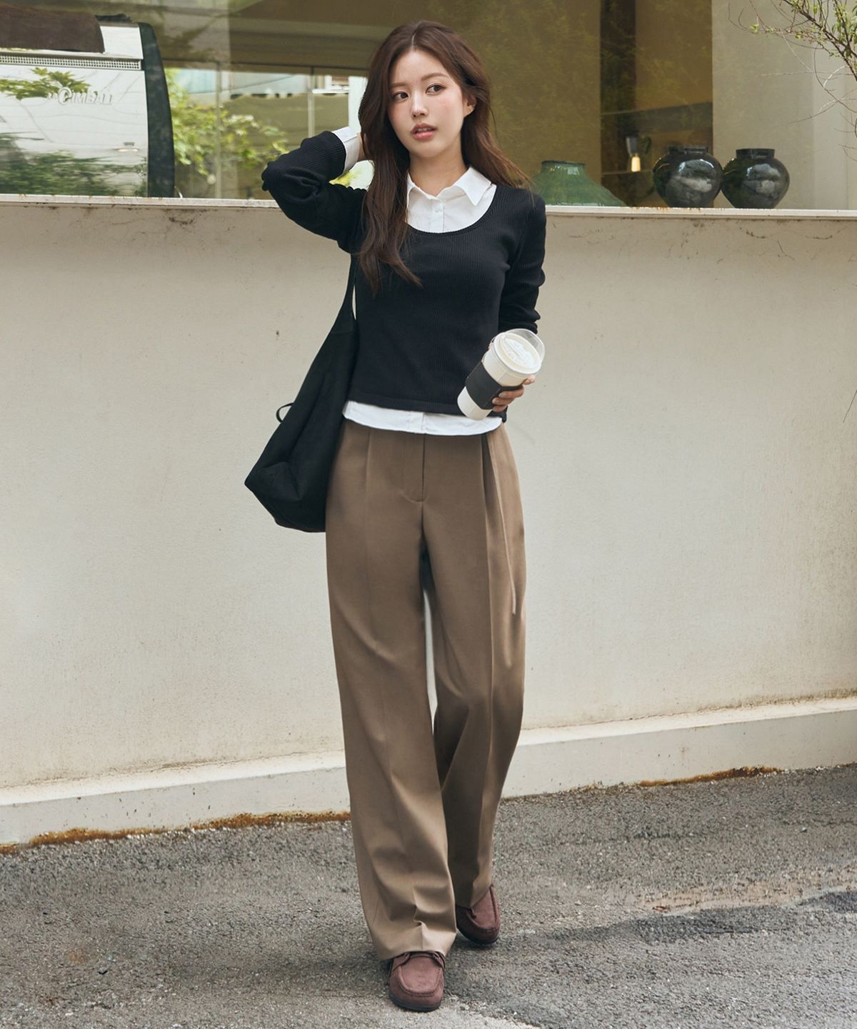 드로우핏 우먼(DRAWFIT WOMEN) [드로우핏우먼 X 주미니] 울 코튼 원턱 벨티드 슬랙스 [MOCHA BEIGE]