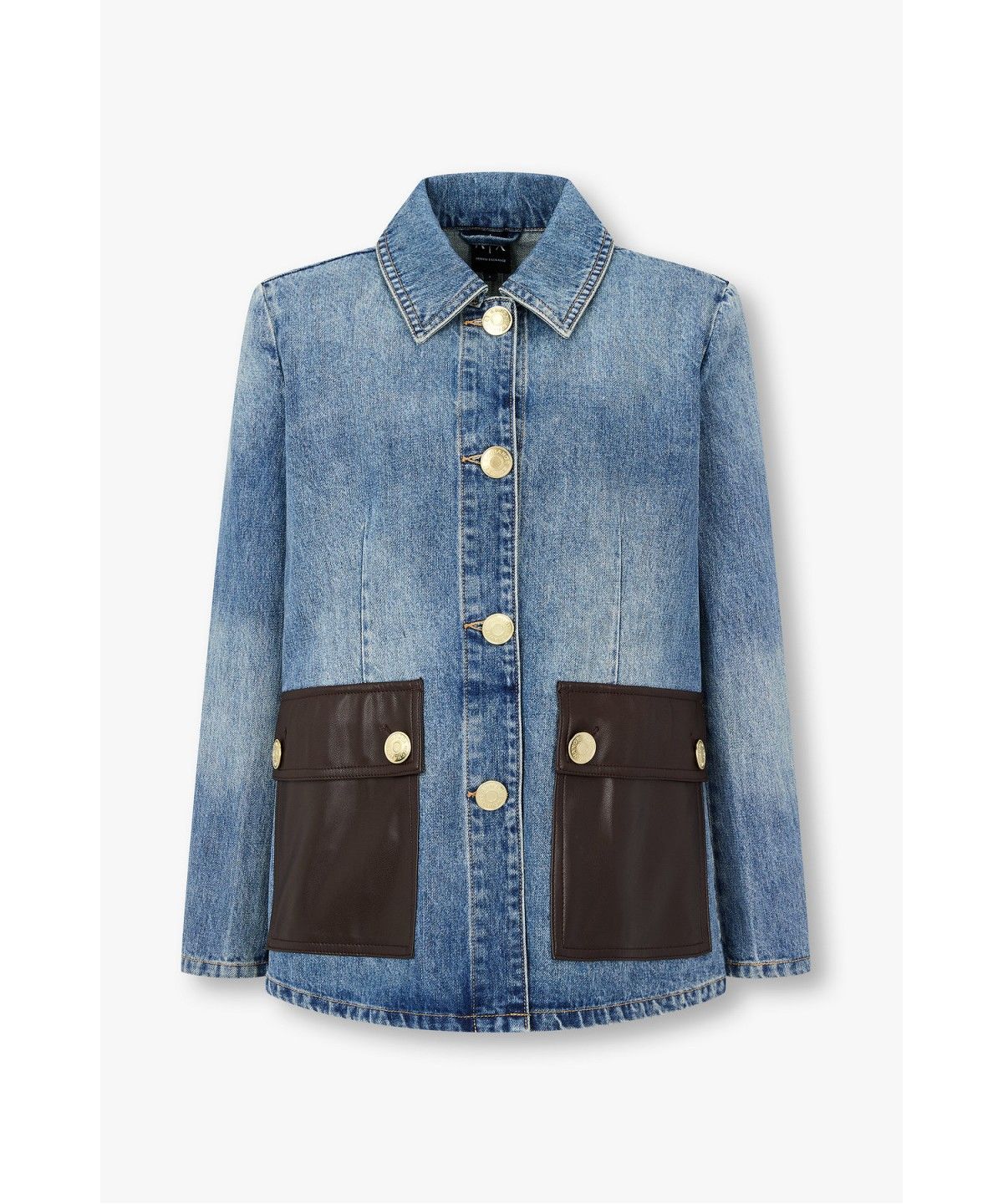 아르마니 익스체인지(ARMANI EXCHANGE) 여성 배색 포켓 골드 버튼 데님 자켓 _블루_A426310508