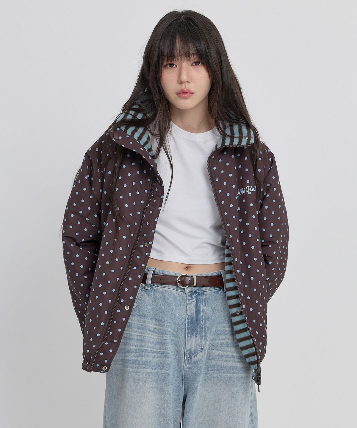 와이케이(WAIKEI) 도트 스트라이프 리버시블 플리스 집업 민트