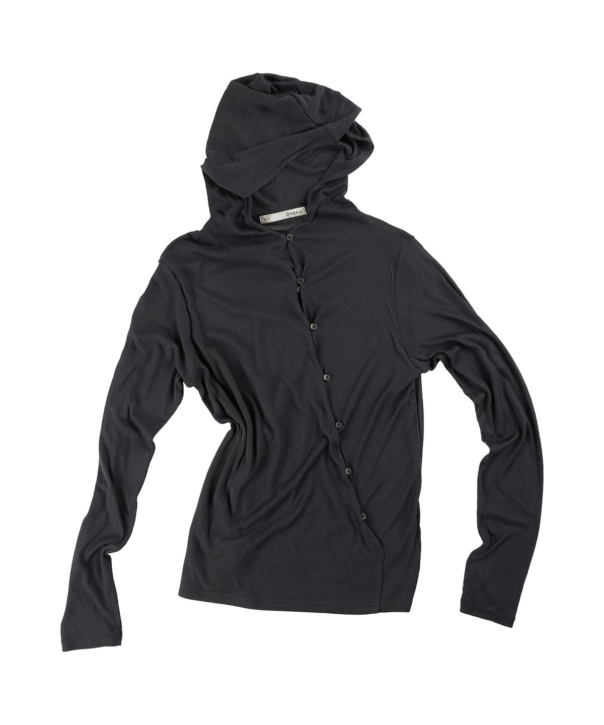 온스카(ONSKA) DRAPE BUTTON HOODED LONG SLEEVE T (CHARCOAL)