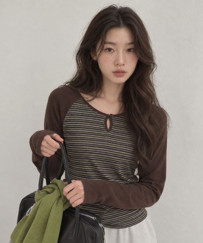 스트라이프 레글런 단추 티셔츠 브라운