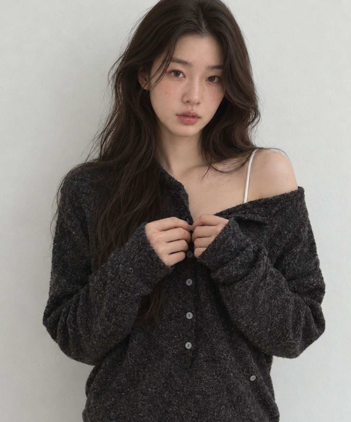넌즈시(NUNZSI) 울 부클 헨리넥 풀오버 멜란지 차콜