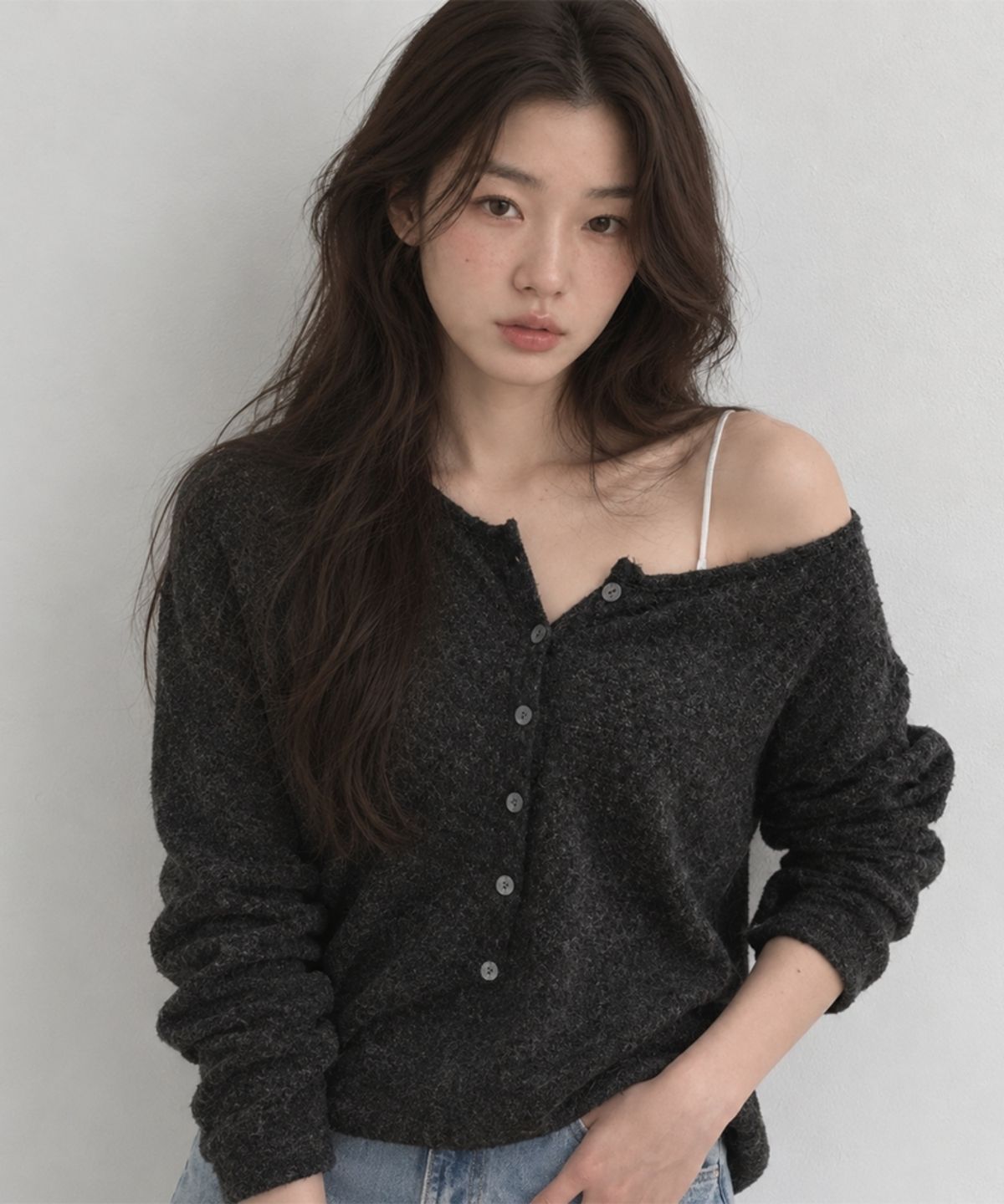 넌즈시(NUNZSI) 울 부클 헨리넥 풀오버 멜란지 차콜