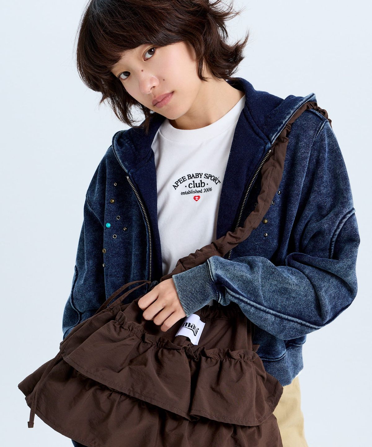 마크니(MACNI) CANCAN FRILL SHOULDER CROSS BAG BROWN
