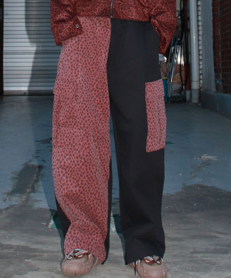 M Asymmetrical leopard Cargo Wide track pants - Burgundy & Black