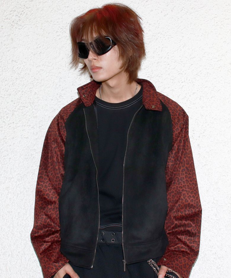 M Leopard synthetic leather rider blouson jacket -  Burgundy & Black