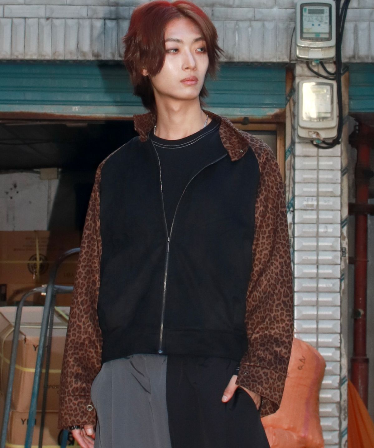 드마크(DEMARC) M Leopard synthetic leather rider blouson jacket -  Brown & Black