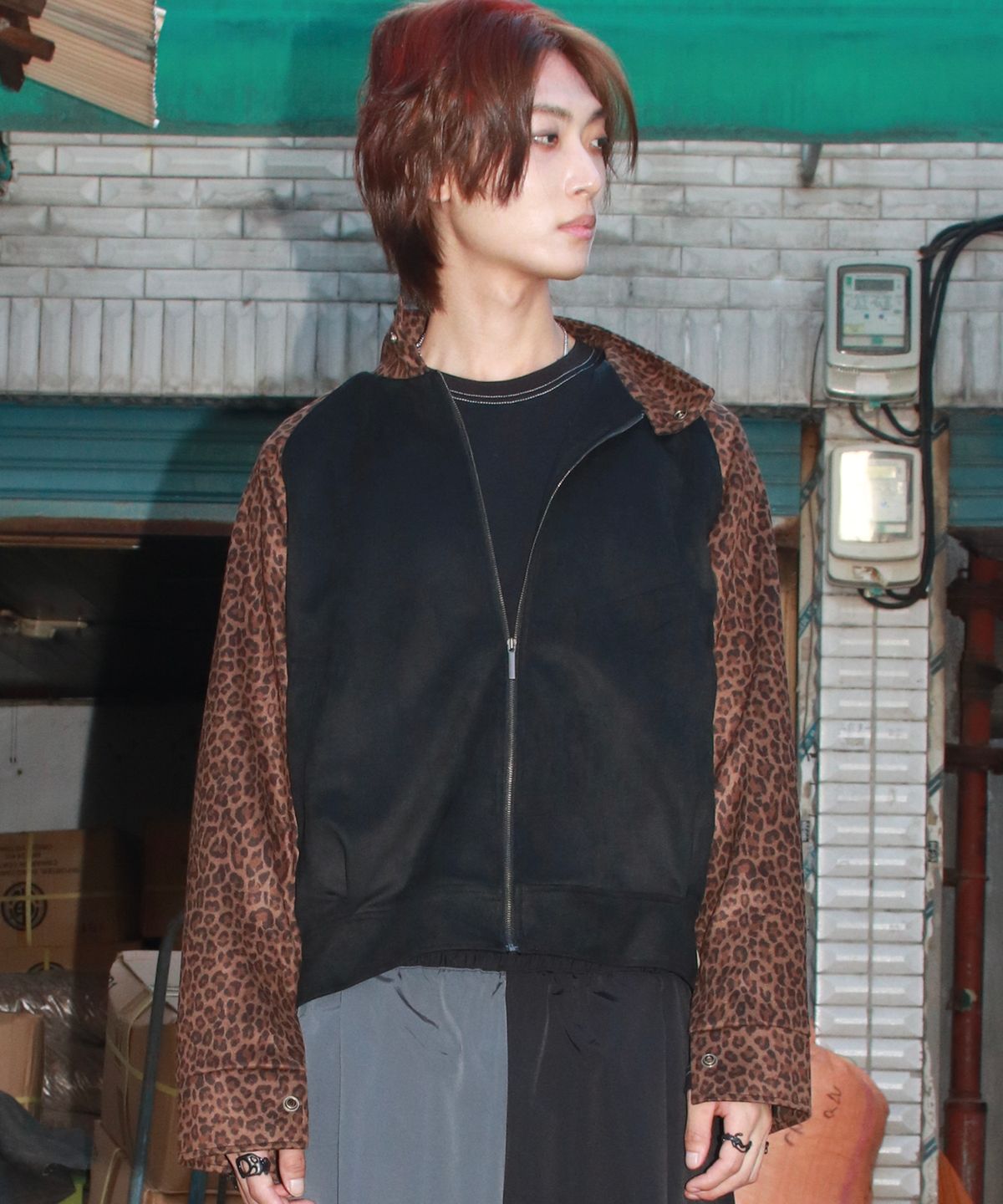 드마크(DEMARC) M Leopard synthetic leather rider blouson jacket -  Brown & Black