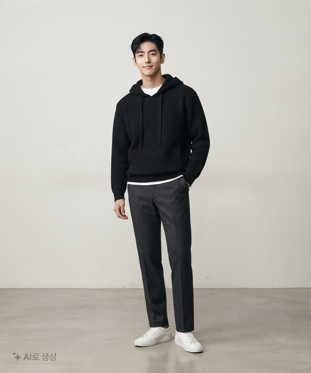 쿠어(COOR) 울 블렌드 부클 얀 후드 스웨터 (블랙) L