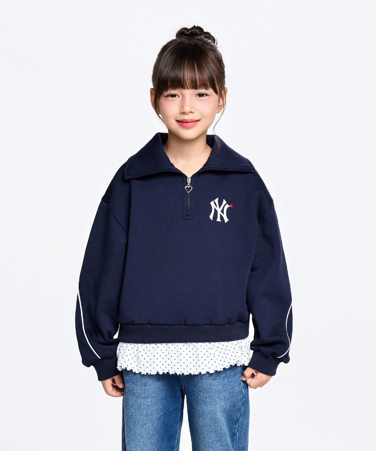 엠엘비 키즈(MLB KIDS) 스포티브 걸즈 도트 레이어드 반집업 기모 맨투맨 NY (Navy)