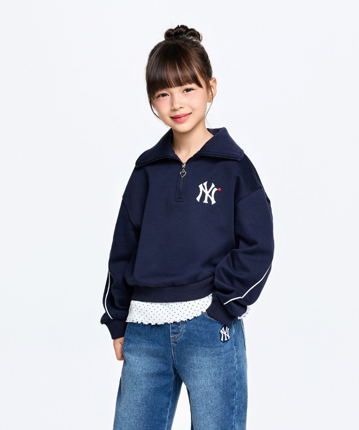 엠엘비 키즈(MLB KIDS) 스포티브 걸즈 도트 레이어드 반집업 기모 맨투맨 NY (Navy)