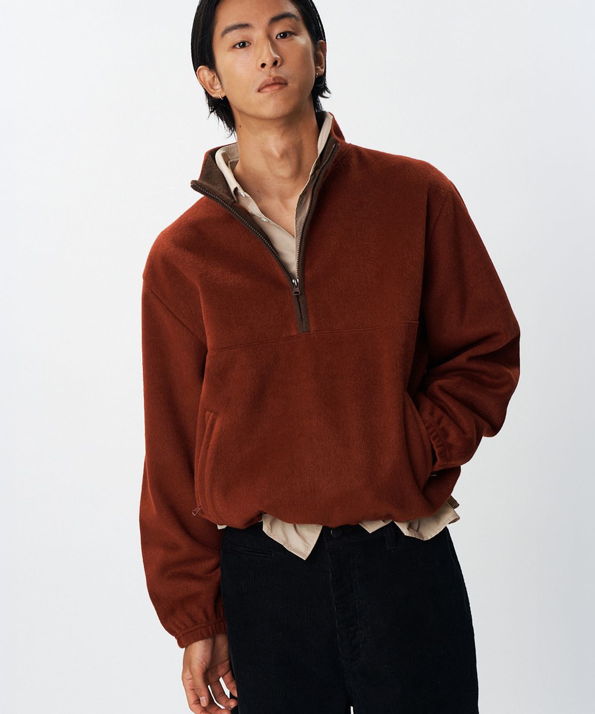 플랙(PLAC) 울 블렌디드 하프집업 플리스 버건디