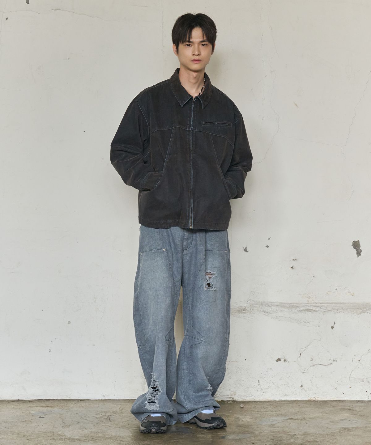 논타입(NONTYPE) VELVET CURVED POCKET WORK JACKET (BLUE)