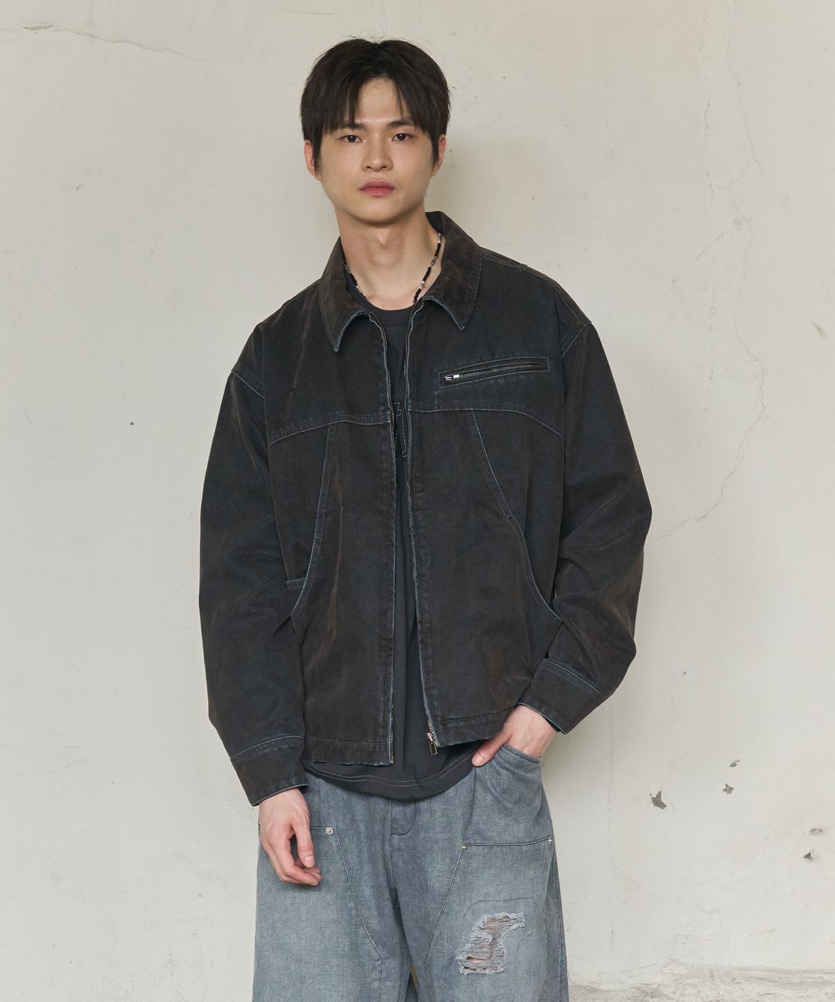 논타입(NONTYPE) VELVET CURVED POCKET WORK JACKET (BLUE)