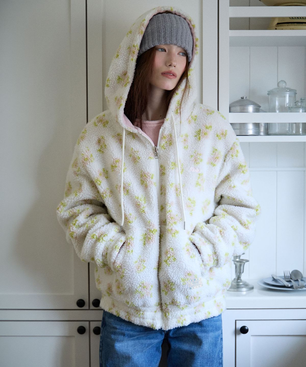 로라로라(ROLAROLA) FLOWER REVERSIBLE FLEECE HOOD ZIP UP PINK