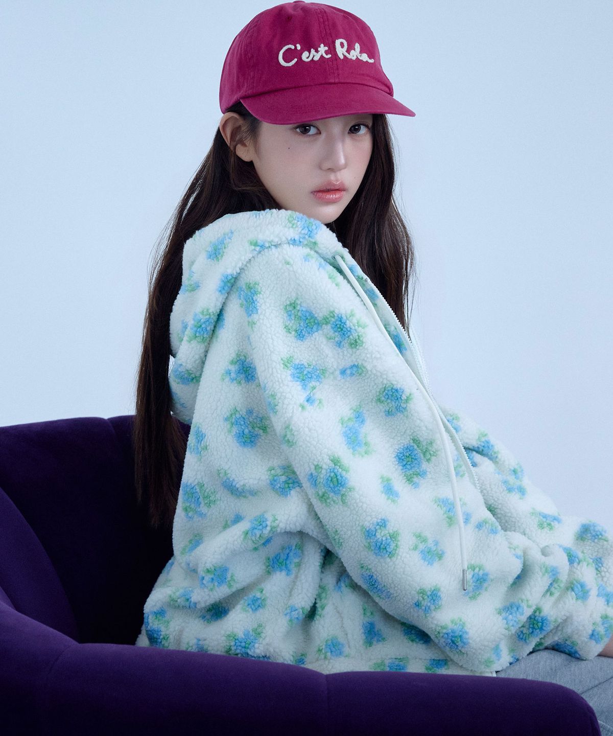 로라로라(ROLAROLA) FLOWER REVERSIBLE FLEECE HOOD ZIP UP BLUE