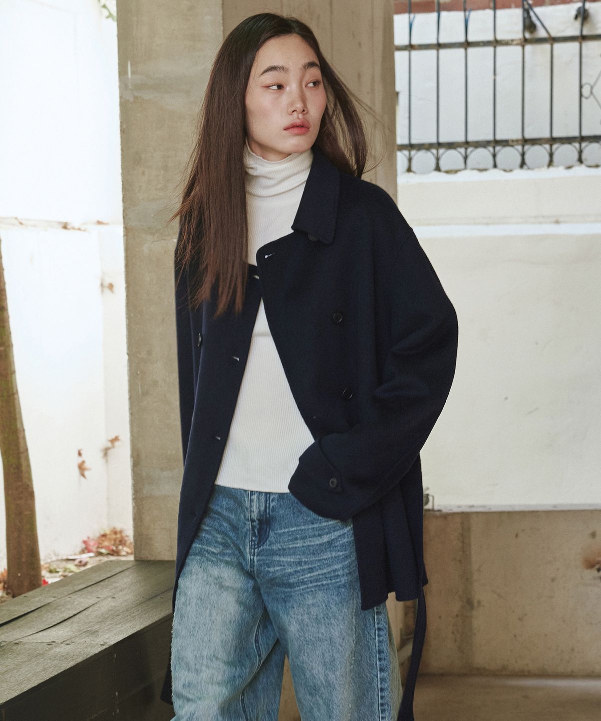 몽돌(MONGDOL) 울 캐시미어 핸드메이드 더블 하프 코트 네이비 MDCT019NAVY