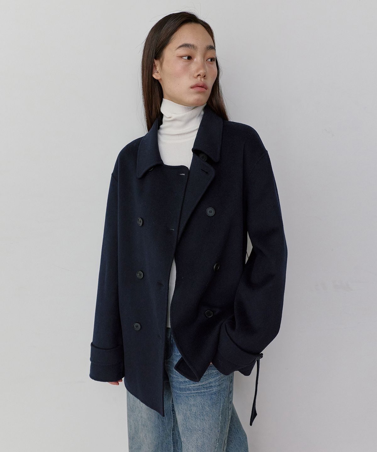 몽돌(MONGDOL) 울 캐시미어 핸드메이드 더블 하프 코트 네이비 MDCT019NAVY