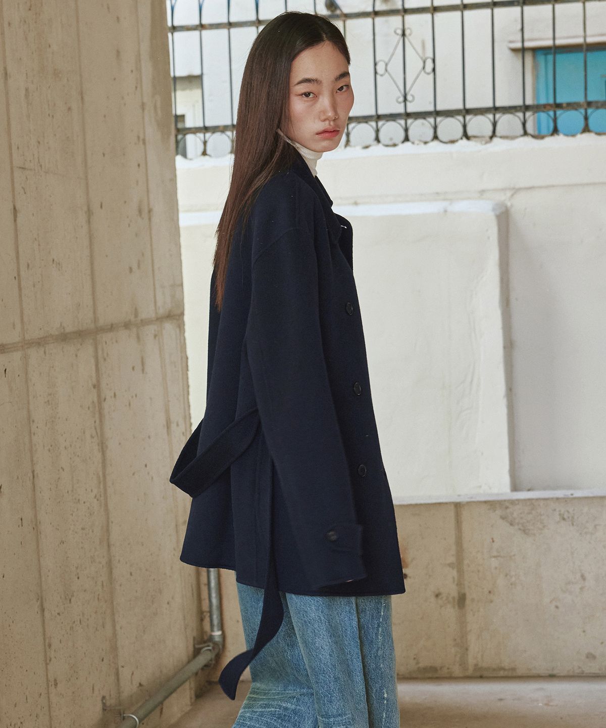 몽돌(MONGDOL) 울 캐시미어 핸드메이드 더블 하프 코트 네이비 MDCT019NAVY